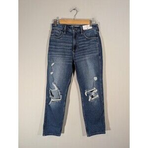 Hollister Women Curvy High Rise Distressed Crop Mom Jeans Sz 26 Hippie‎ Grunge